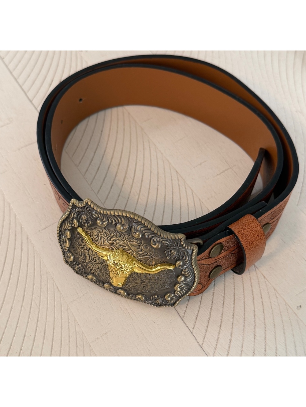 Western Longhorn Belt Brown Leather Look Ornate Cowboy Cowgirl Buckle